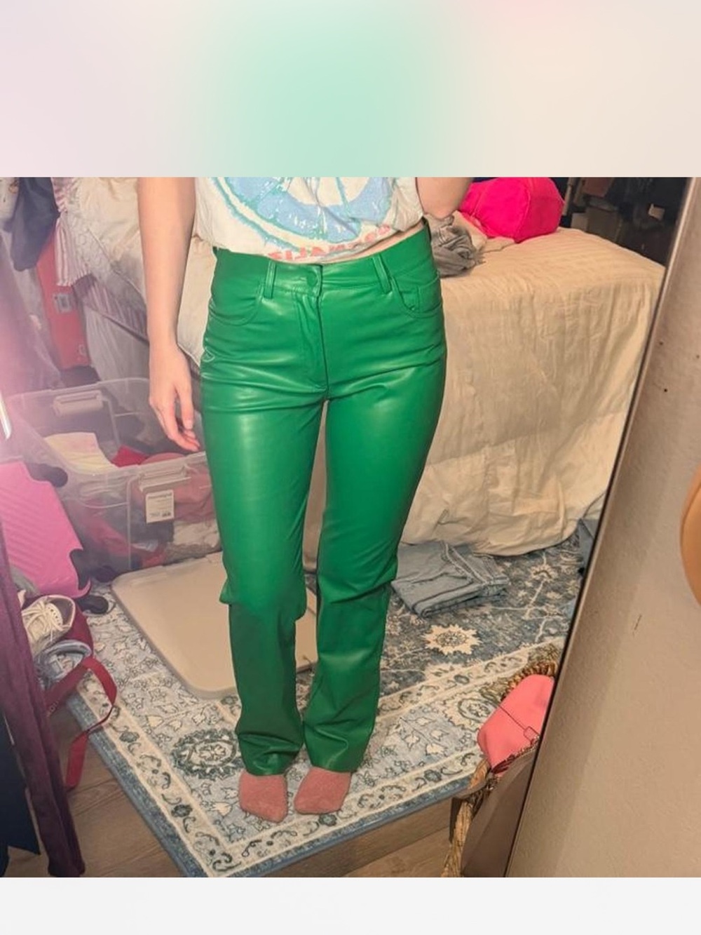 Zara Green Faux Leather Straight leg Pants